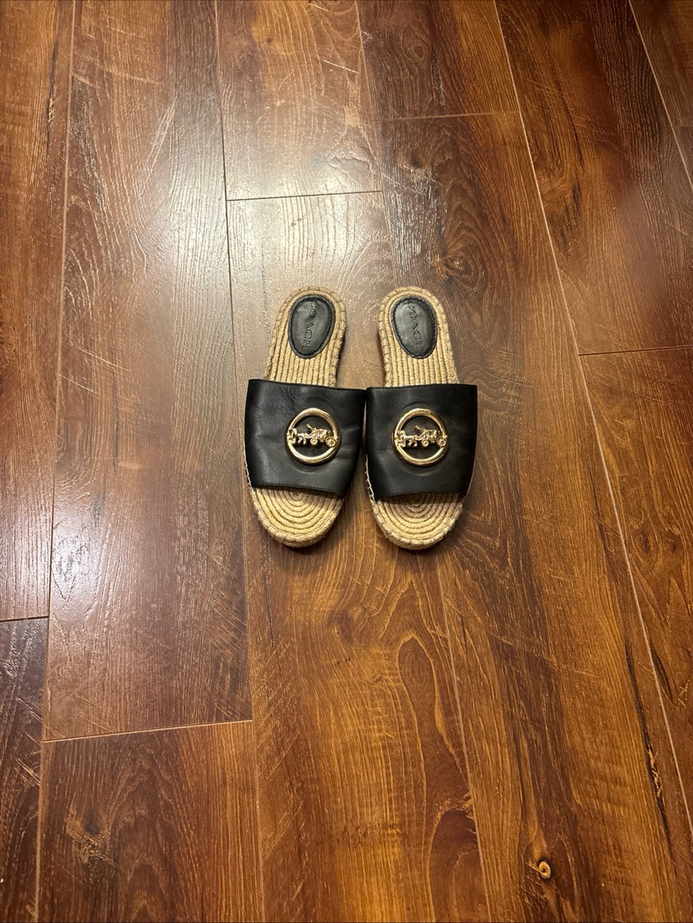 Coach Shoes Coach Camille Espadrille Jute Footbead Black Leather Gold Size 7